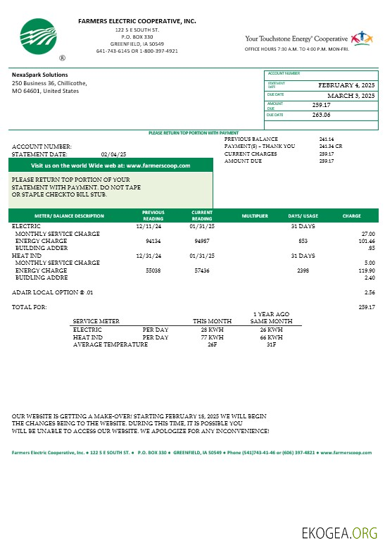 Modèle de facture de services publics des États Unis Ohio Farmers Electric Cooperative aux formats Word et PDF, version 2
